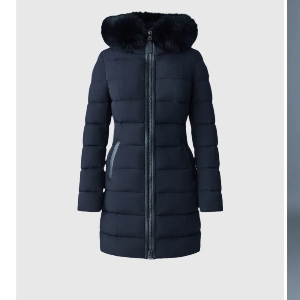 Mackage CALLA Agile-360 stretch light down coat with blue fox fur collar